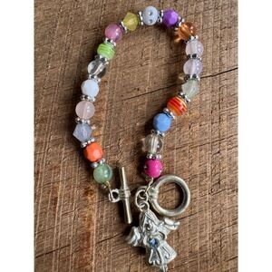 Angel Charm Bracelet w/ Blue Stone, Beads, Toggle Clasp 7"